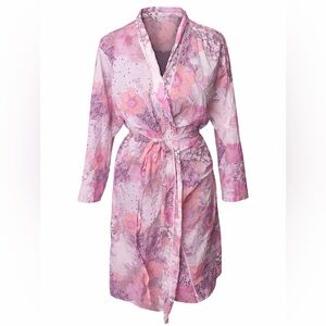 The Cat’s Pajamas Pink Floral Cotton Robe Wrap Belted Cottagecore S/M